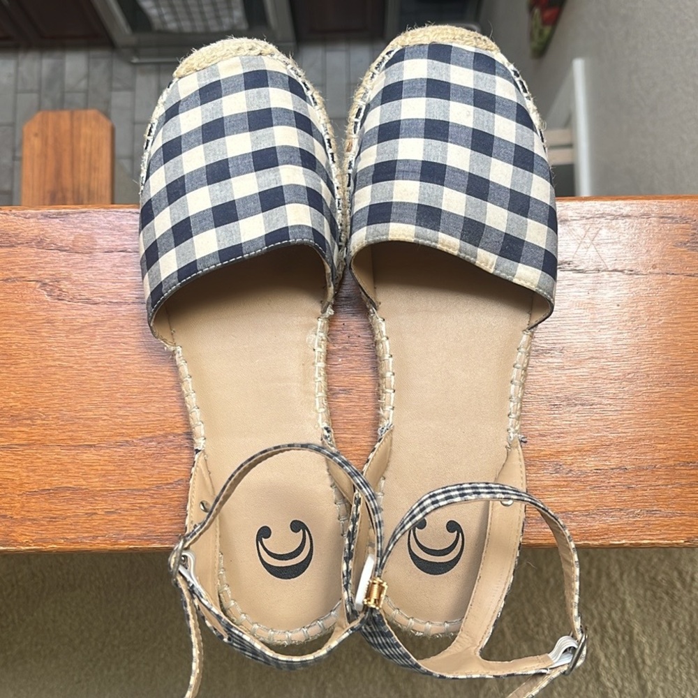 Navy Gingham Espadrille Flat Sandals